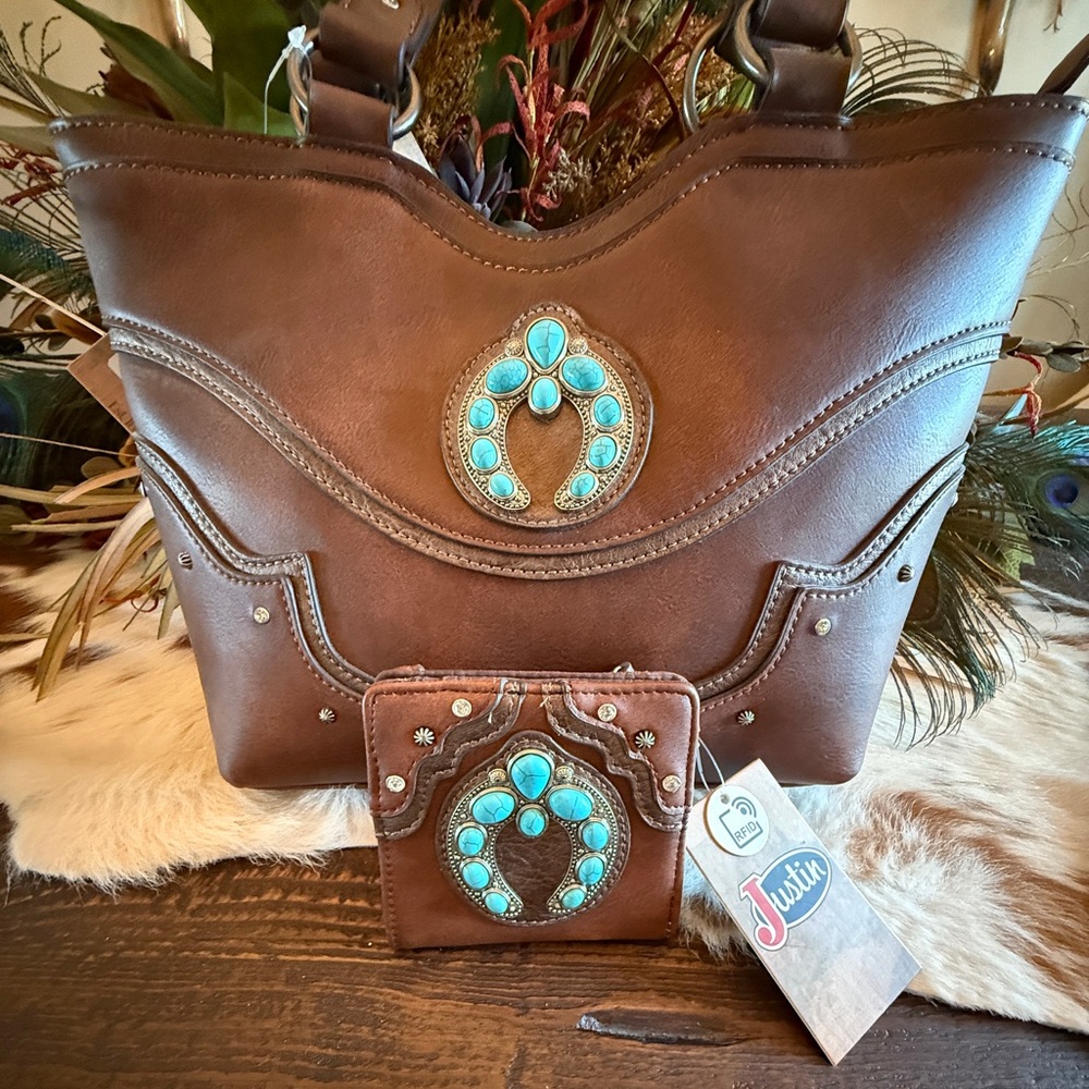 Justin Naja Concho Turquoise Handbag and Wallet Set